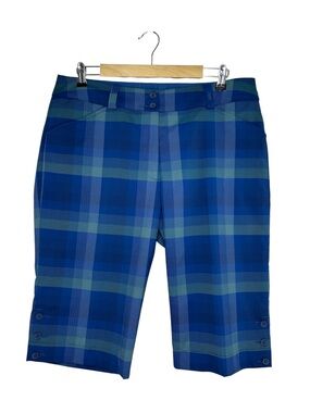 Nike Golf Dri-Fit Plaid Blue Green Flat Front Pockets Stylish Bermuda Shorts 14